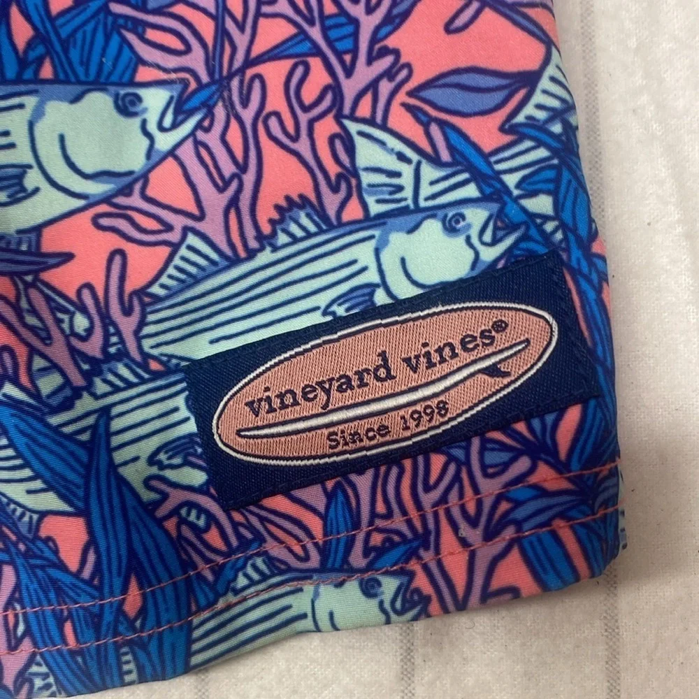VINEYARD VINES Chappy Print Swim Trunks - Coral Papaya Passion Size Large